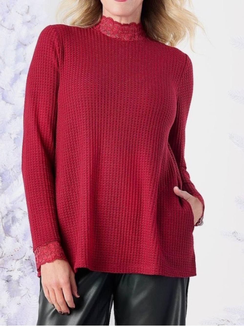 LOGO Rumba Red Long-Sl Mock Neck Waffle Knit Top w/Lace Details-See Pics-EC